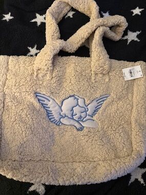 Sherpa Type Tote Bag with Embroidered Angel Motif - Cream